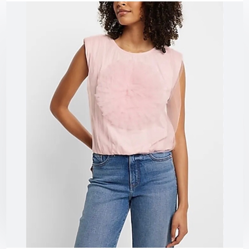 Express Rosette Tulle Fabric Overlay Sleeveless Top. Soft Pink. Size M